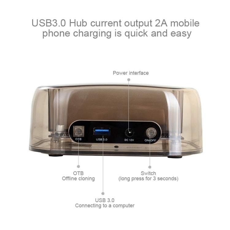 Lisslune | 2.5 / 3.5 inch USB3.0 Dual SATA HDD enclosure with HUB & OTB function, The maximum supported capacity: 16TB