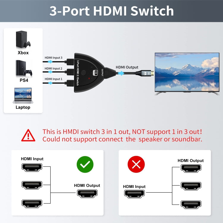 Lisslune | 3-Port HDMI 8K Switch Selector Box with Pigtail Cable (Black)