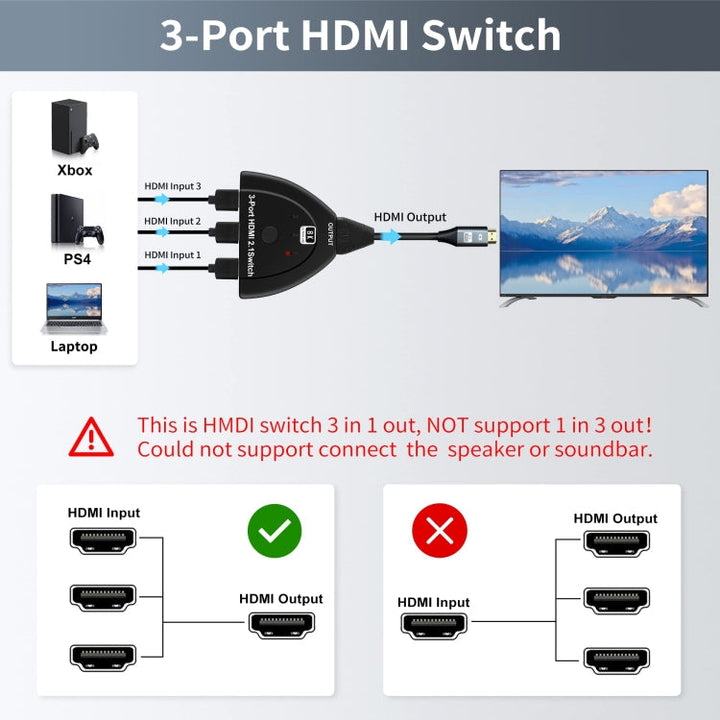 Lisslune | 3-Port HDMI 8K Switch Selector Box with Pigtail Cable (Black)
