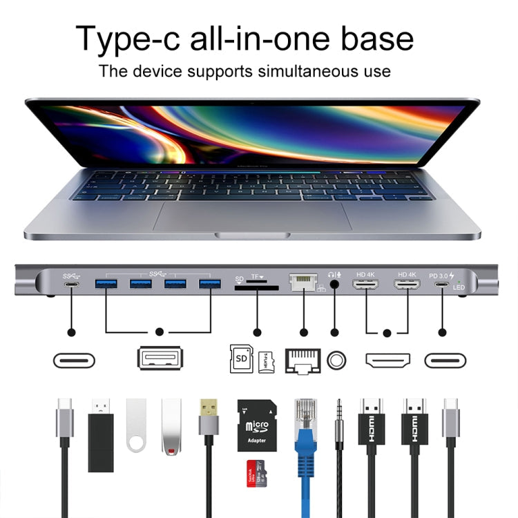 Lisslune | Onten 9199 12 in 1 USB-C / Type-C to USB-C / Type-C + TF / SD card slot + RJ45 + 3.5 mm audio + PD USB-C / Type-C charging + 2 HDMI + 4 USB 3.0 ports multifunctional HUB converter docking station
