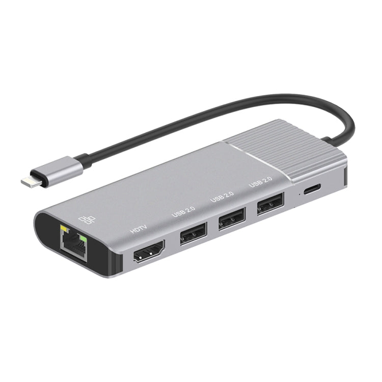Lisslune | 79591 6 in 1 8 Pin to RJ45 + HDMI + 8 Pin Charging + 3 USB 2.0 Ports Multifunctional HUB Converter Docking Station