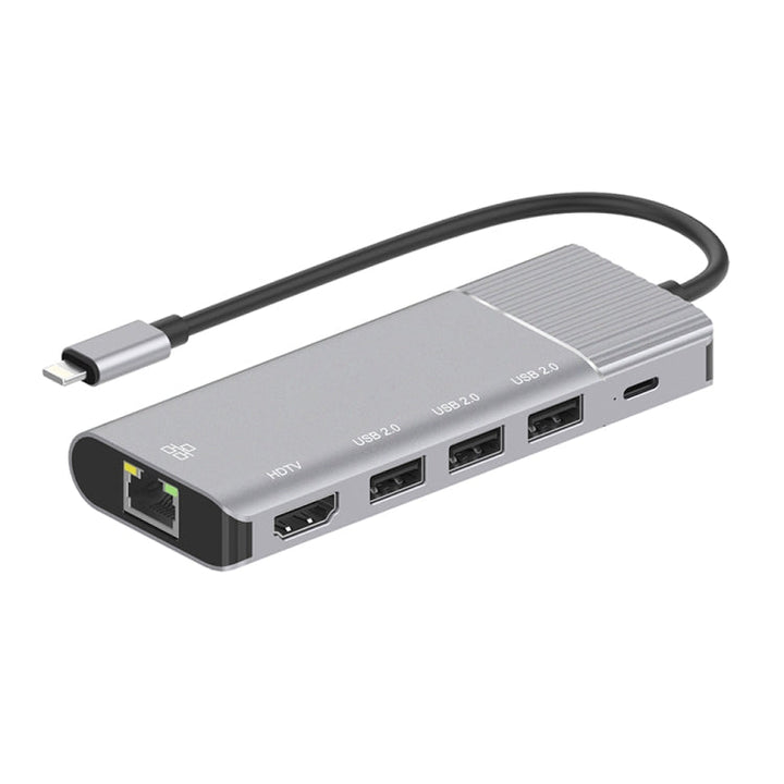 Lisslune | 79591 6 in 1 8 Pin to RJ45 + HDMI + 8 Pin Charging + 3 USB 2.0 Ports Multifunctional HUB Converter Docking Station