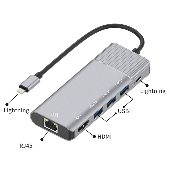 Lisslune | 79591 6 in 1 8 Pin to RJ45 + HDMI + 8 Pin Charging + 3 USB 2.0 Ports Multifunctional HUB Converter Docking Station