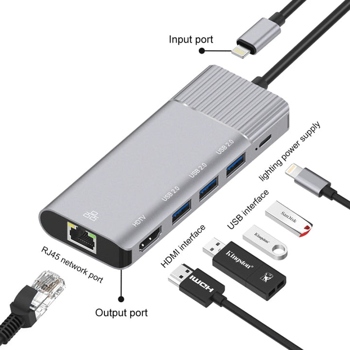 Lisslune | 79591 6 in 1 8 Pin to RJ45 + HDMI + 8 Pin Charging + 3 USB 2.0 Ports Multifunctional HUB Converter Docking Station