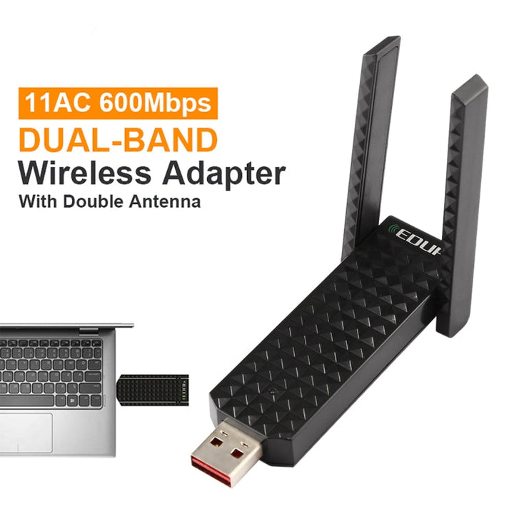 Lisslune | EDUP EP-AC1625 600Mbps 2.4G / 5.8GHz Dual Band Wireless 11AC USB 2.0 Adapter Network Card with 2 Antennas for Laptop / PC (Black)