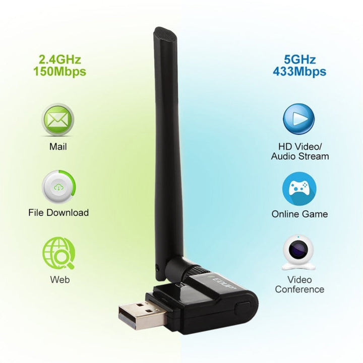 Lisslune | EDUP EP-AC1635 600Mbps Dual Band Wireless 11AC USB Ethernet Adapter 2dBi Antenna for Laptop / PC (Black)