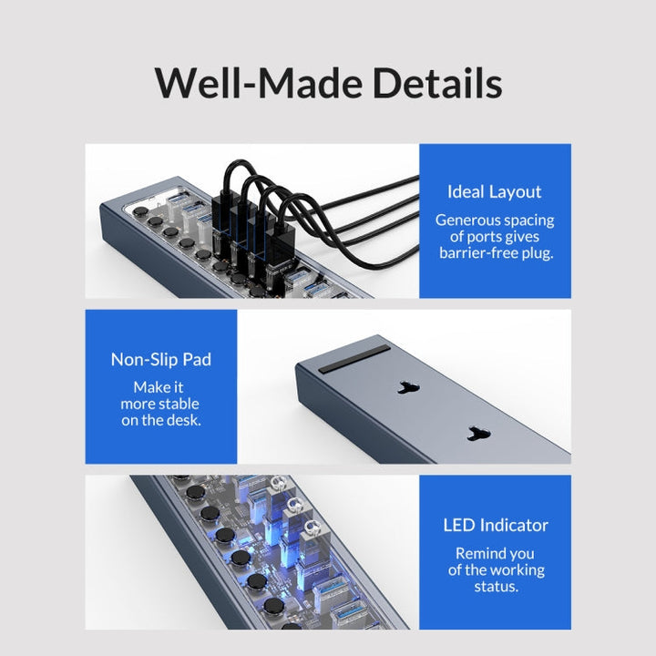 Lisslune | ORICO AT2U3-13AB-GY-BP 13 Ports USB 3.0 HUB with individual switches & blue LED display, AU plug