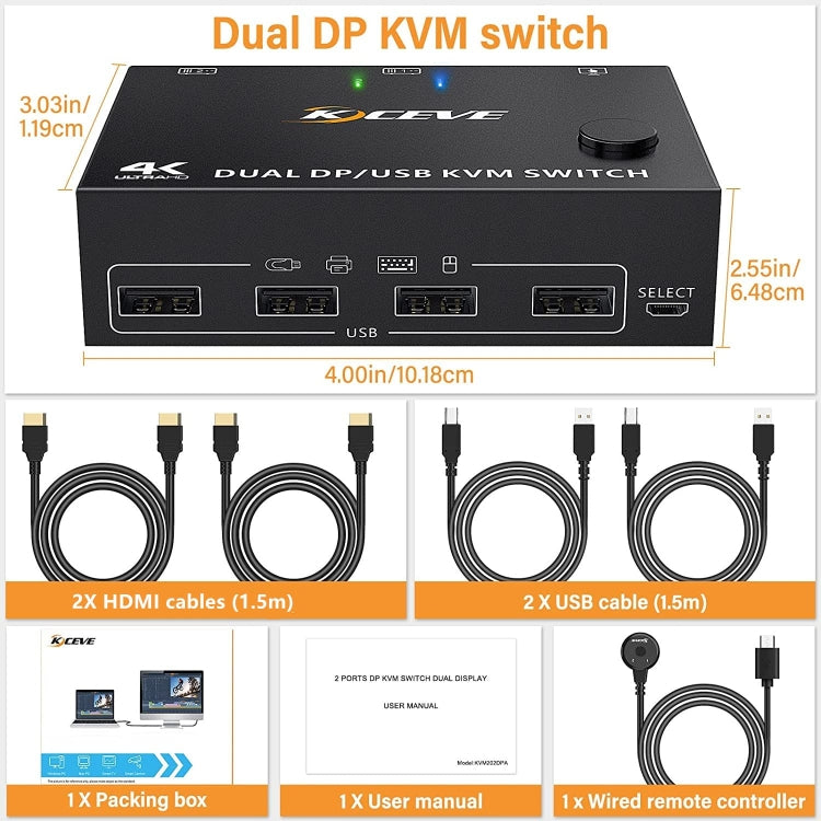 Lisslune | KC-KVM202DPA-USB2.0 DP 3DP+3DP KVM Switch (Black)
