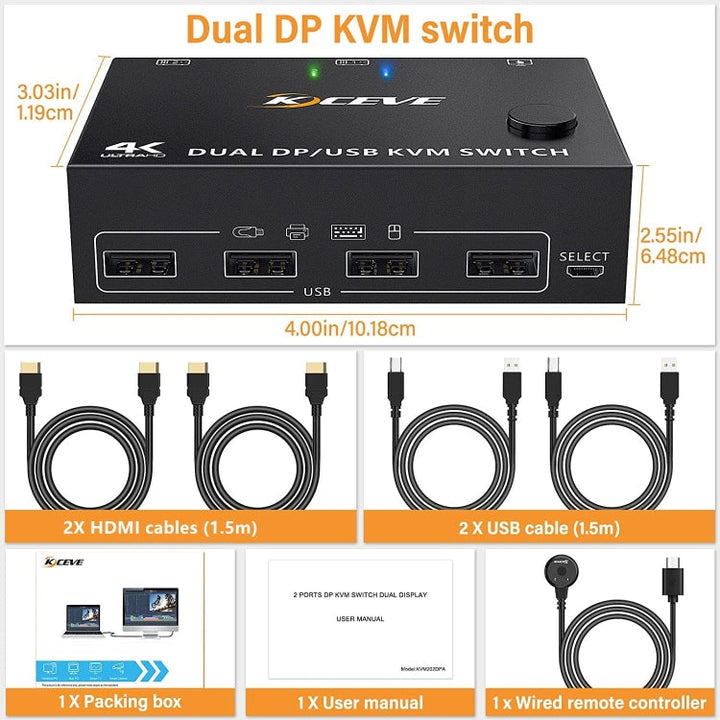 Lisslune | KC-KVM202DPA-USB2.0 DP 3DP+3DP KVM Switch (Black)