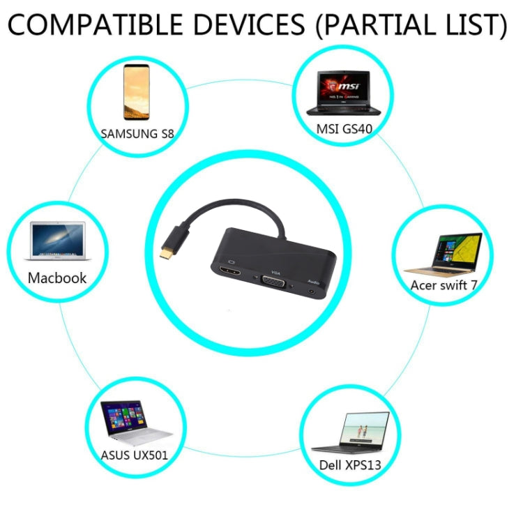 Lisslune | USB 2.0 + Audio port + VGA + HDMI to USB-C / Type-C HUB adapter (Black)