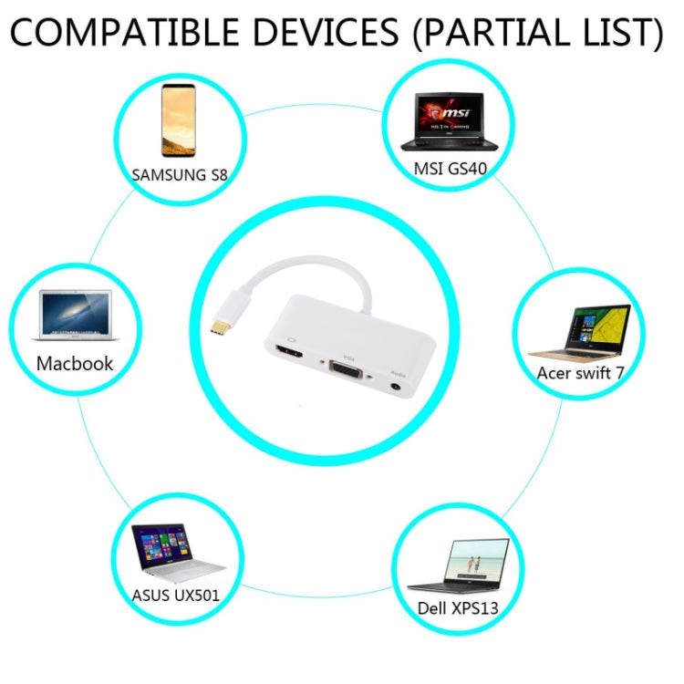 Lisslune | USB 2.0 + Audio Port + VGA + HDMI to USB-C / Type-C HUB Adapter (White)