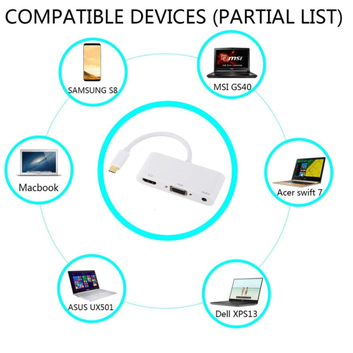 Lisslune | USB 2.0 + Audio Port + VGA + HDMI to USB-C / Type-C HUB Adapter (White)