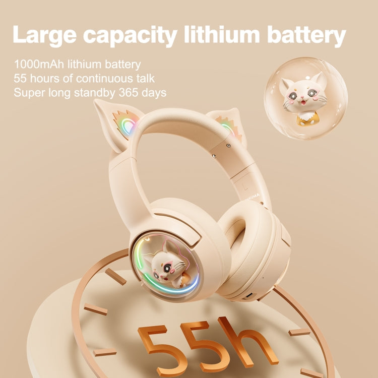 Lisslune | B5 Cat Ear Design USB-C / Type-C RGB Wireless Bluetooth HiFi Headset (Beige)