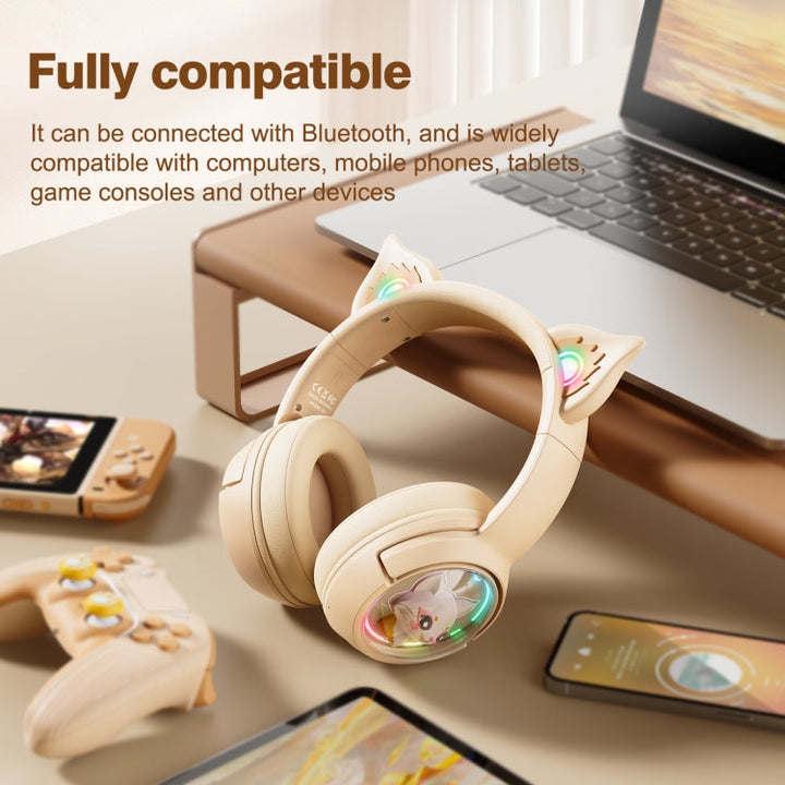 Lisslune | B5 Cat Ear Design USB-C / Type-C RGB Wireless Bluetooth HiFi Headset (Beige)