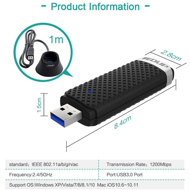 Lisslune | EDUP EP-AC1609 1200Mbps High-Speed USB 3.0 WiFi Adapter Receiver Ethernet Adapter with 1 m Extension Cable and Base