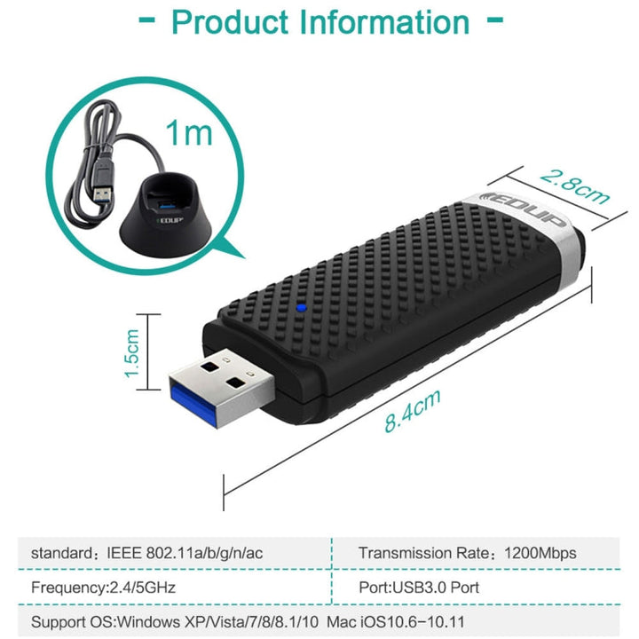 Lisslune | EDUP EP-AC1609 1200Mbps High-Speed USB 3.0 WiFi Adapter Receiver Ethernet Adapter with 1 m Extension Cable and Base