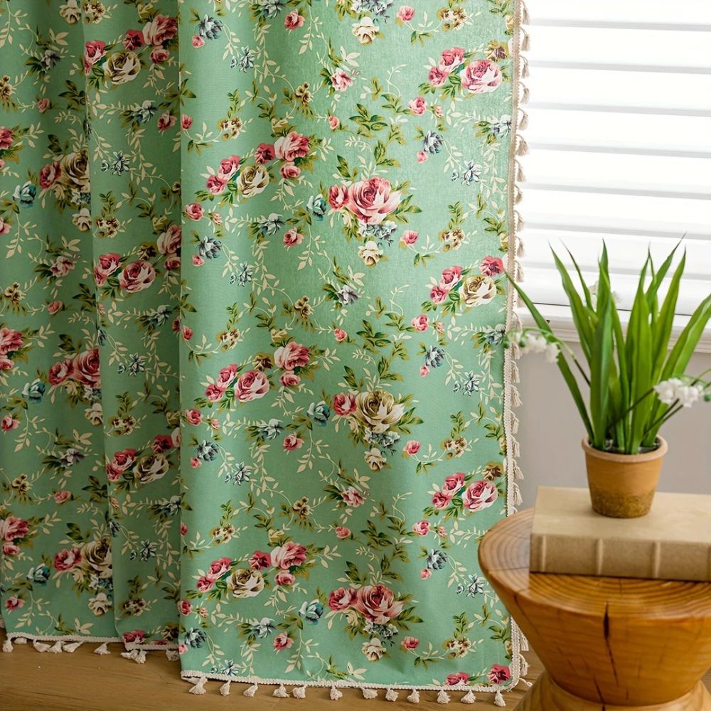 Lisslune | Pastoral Green Rose Tassel Curtain