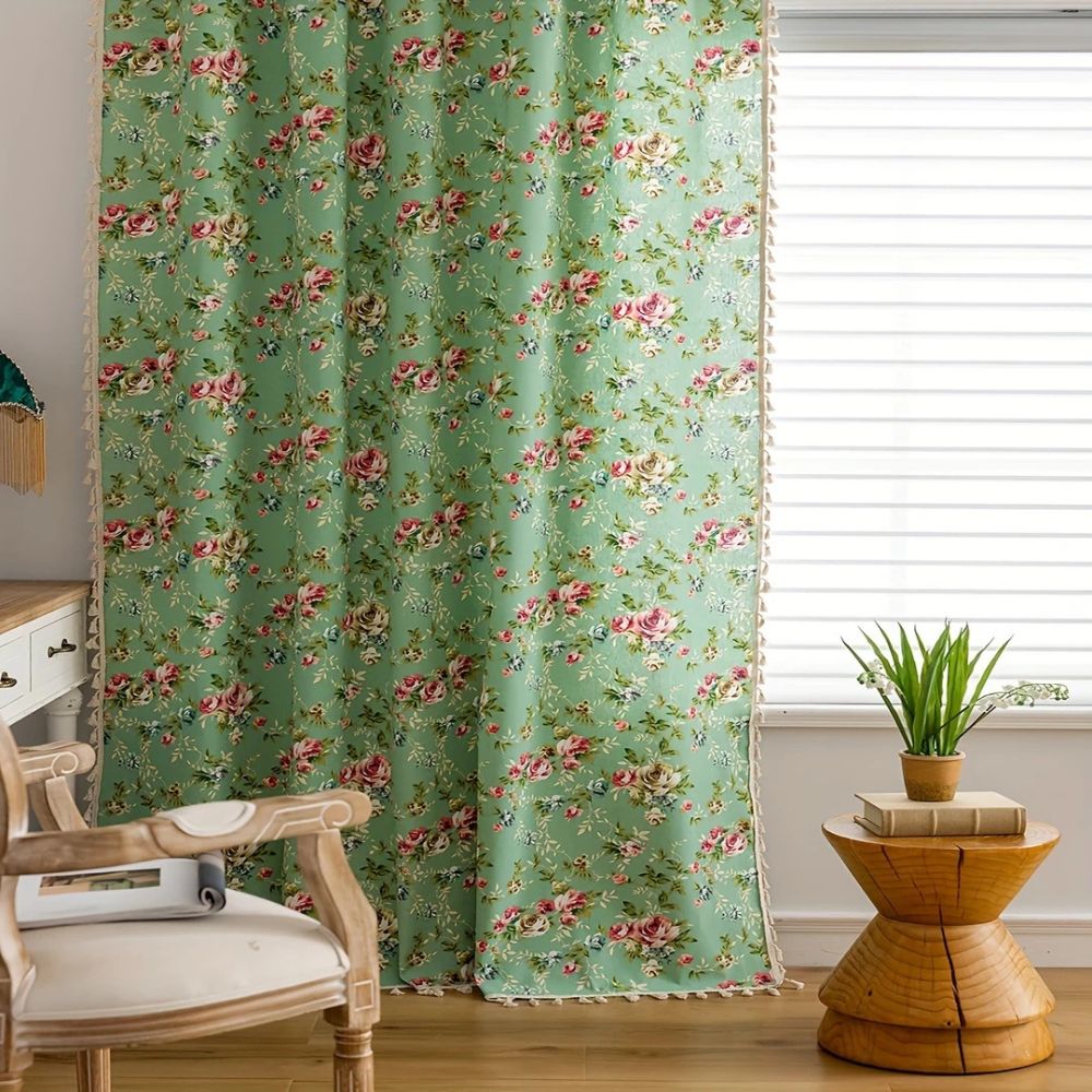 Lisslune | Pastoral Green Rose Tassel Curtain