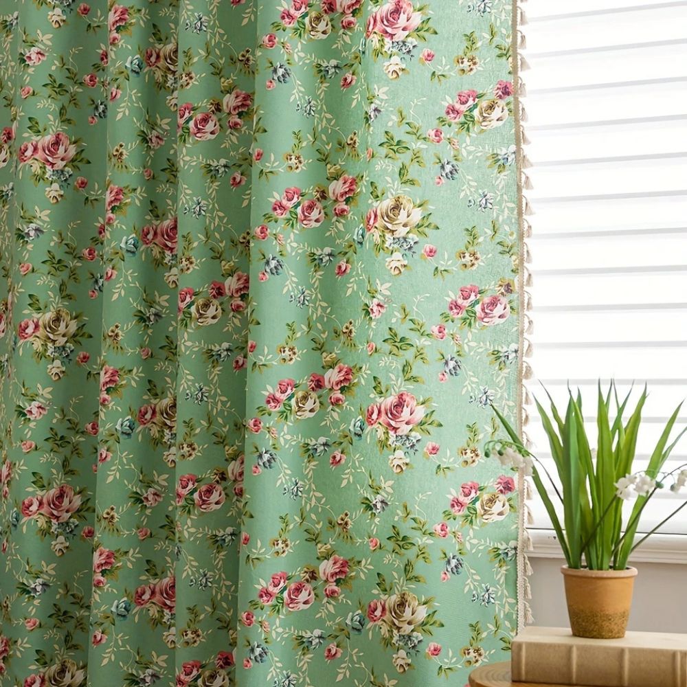 Lisslune | Pastoral Green Rose Tassel Curtain
