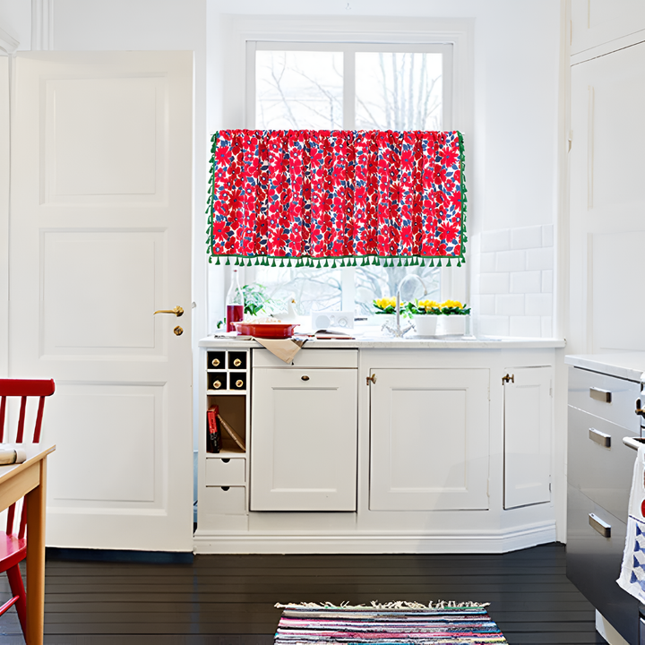 Lisslune | Graceful Red Floral Linen Cabinet Window Curtain