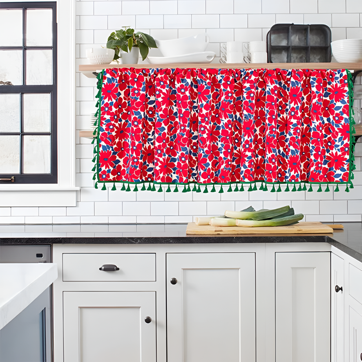 Lisslune | Graceful Red Floral Linen Cabinet Window Curtain