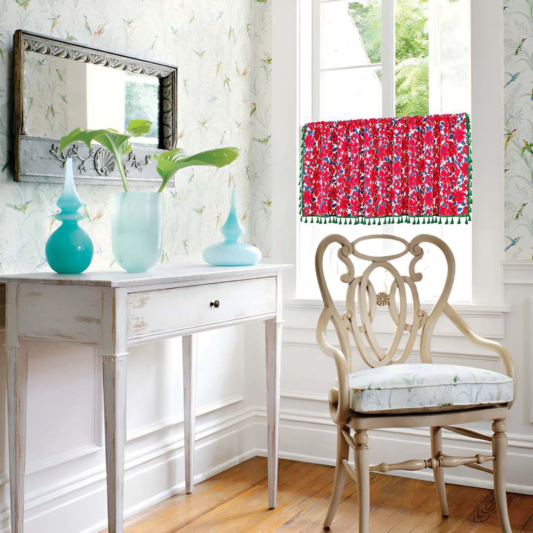 Lisslune | Graceful Red Floral Linen Cabinet Window Curtain