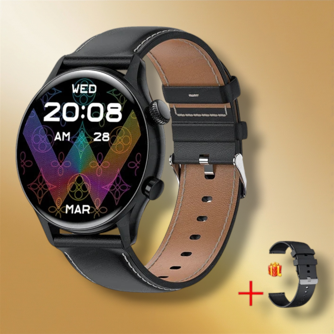 Lisslune | Smartwatch that answers calls and SMS, black leather "Crythonaris"