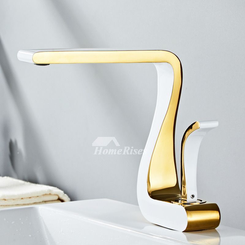 Lisslune | Polished Gold Bathroom Sink Faucets Single Handle Luxury Brass White Modern One Hole