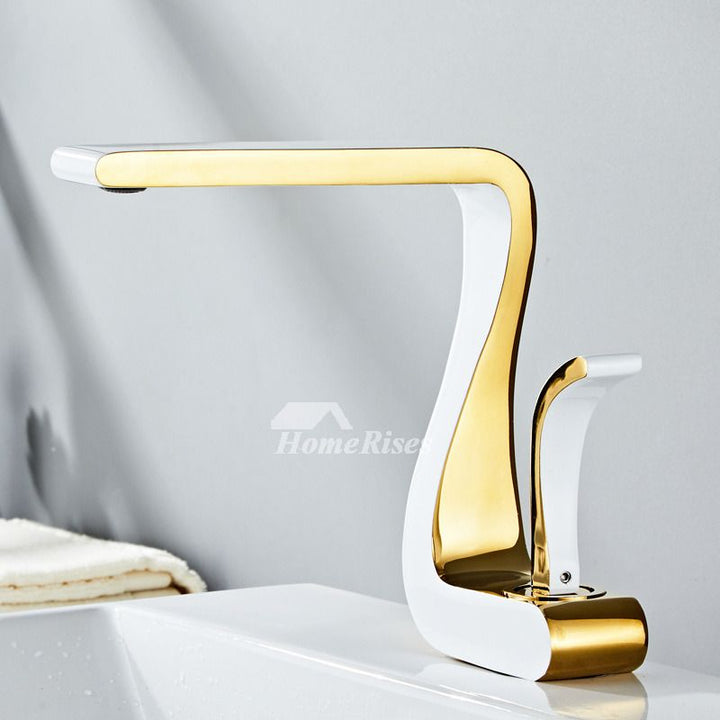 Lisslune | Polished Gold Bathroom Sink Faucets Single Handle Luxury Brass White Modern One Hole