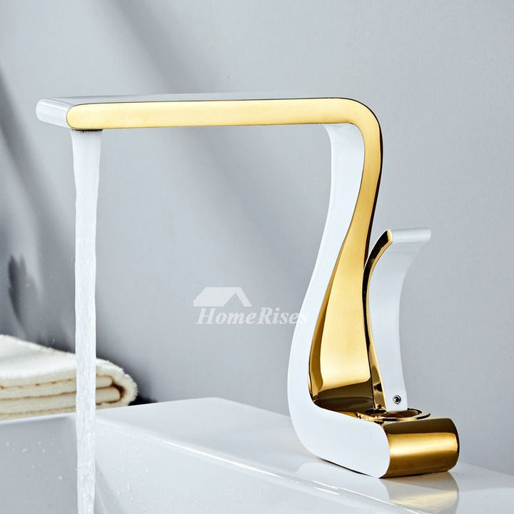 Lisslune | Polished Gold Bathroom Sink Faucets Single Handle Luxury Brass White Modern One Hole