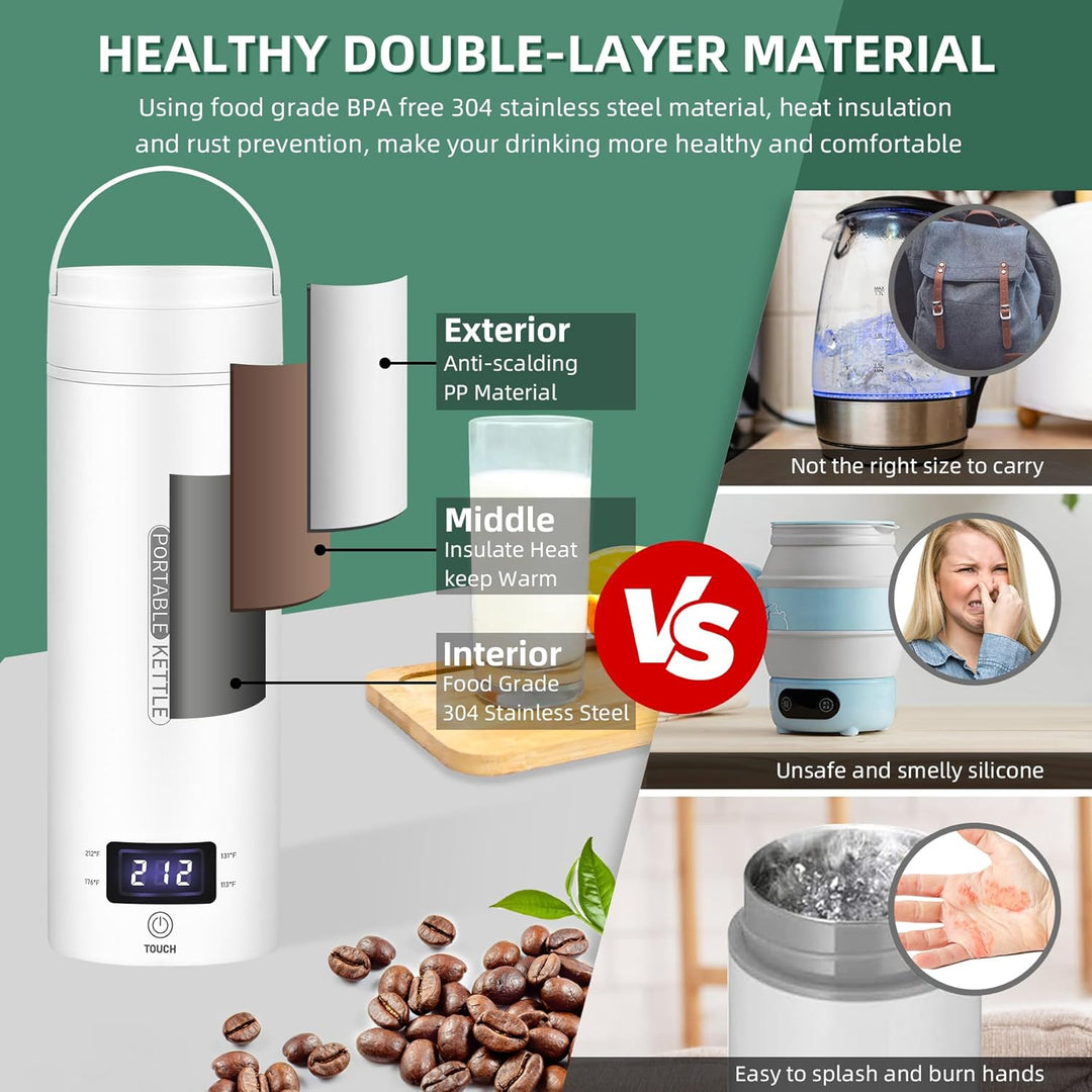 Lisslune | Portable Electric Travel Kettle with Auto Shut-Off - Compact 1L Water Boiler for Camping, Hiking, and Travel