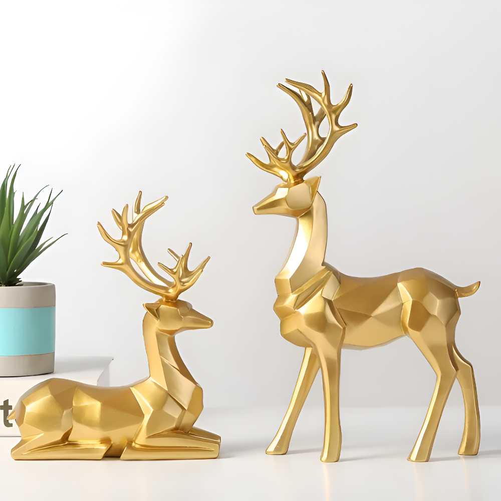 Lisslune | Geometric Reindeer Figurine Set – Modern 2-piece Resin Decoration