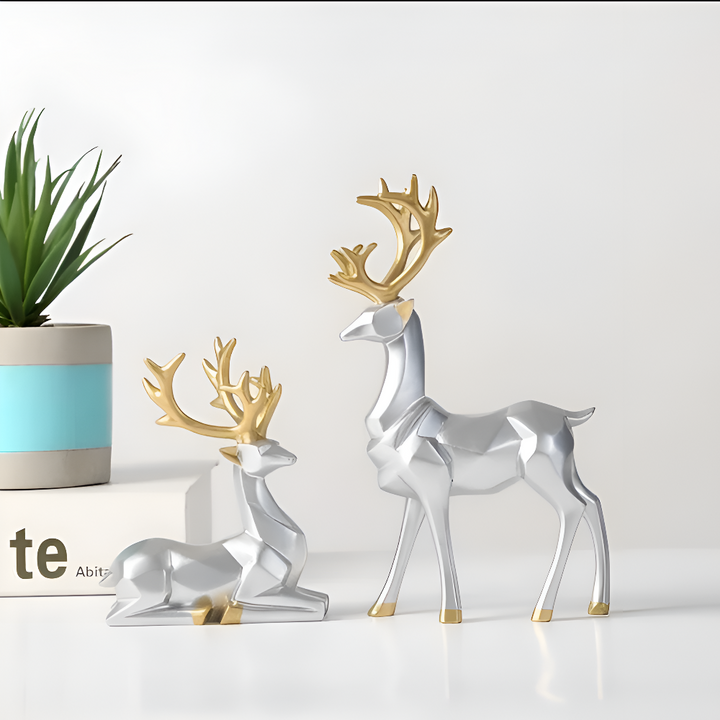 Lisslune | Geometric Reindeer Figurine Set – Modern 2-piece Resin Decoration
