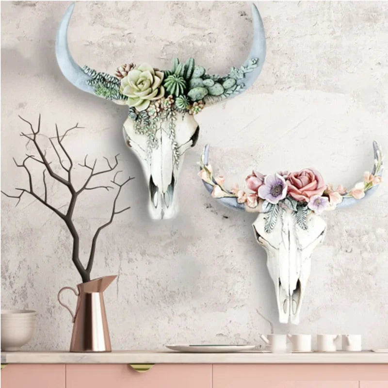 Lisslune | Cow Skull - Bully - Wall Decoration with Flowers - Resin Home Decor
