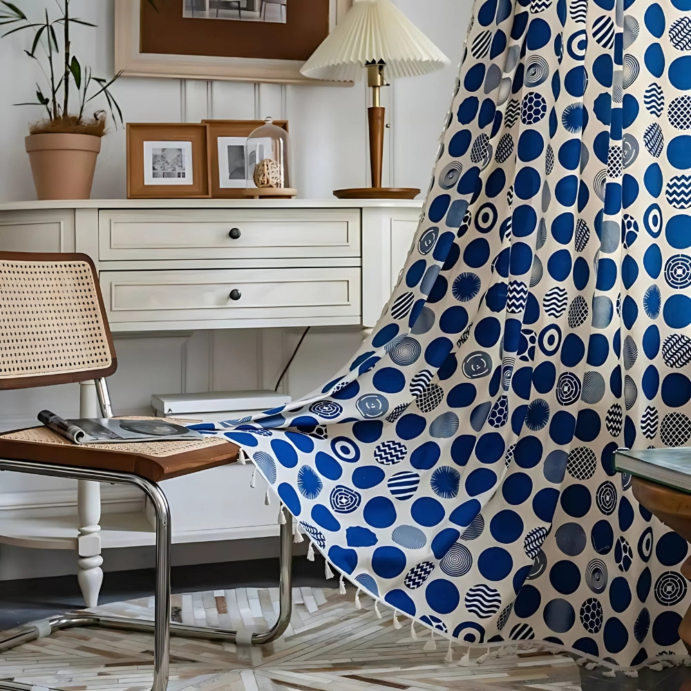 Lisslune | Retro Blue Polka Dots Patterned Window Curtain