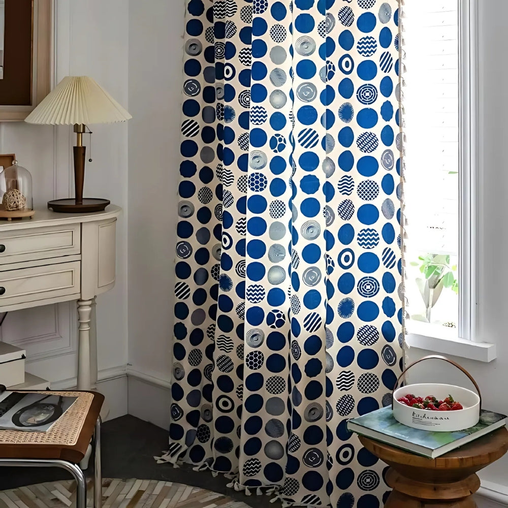 Lisslune | Retro Blue Polka Dots Patterned Window Curtain