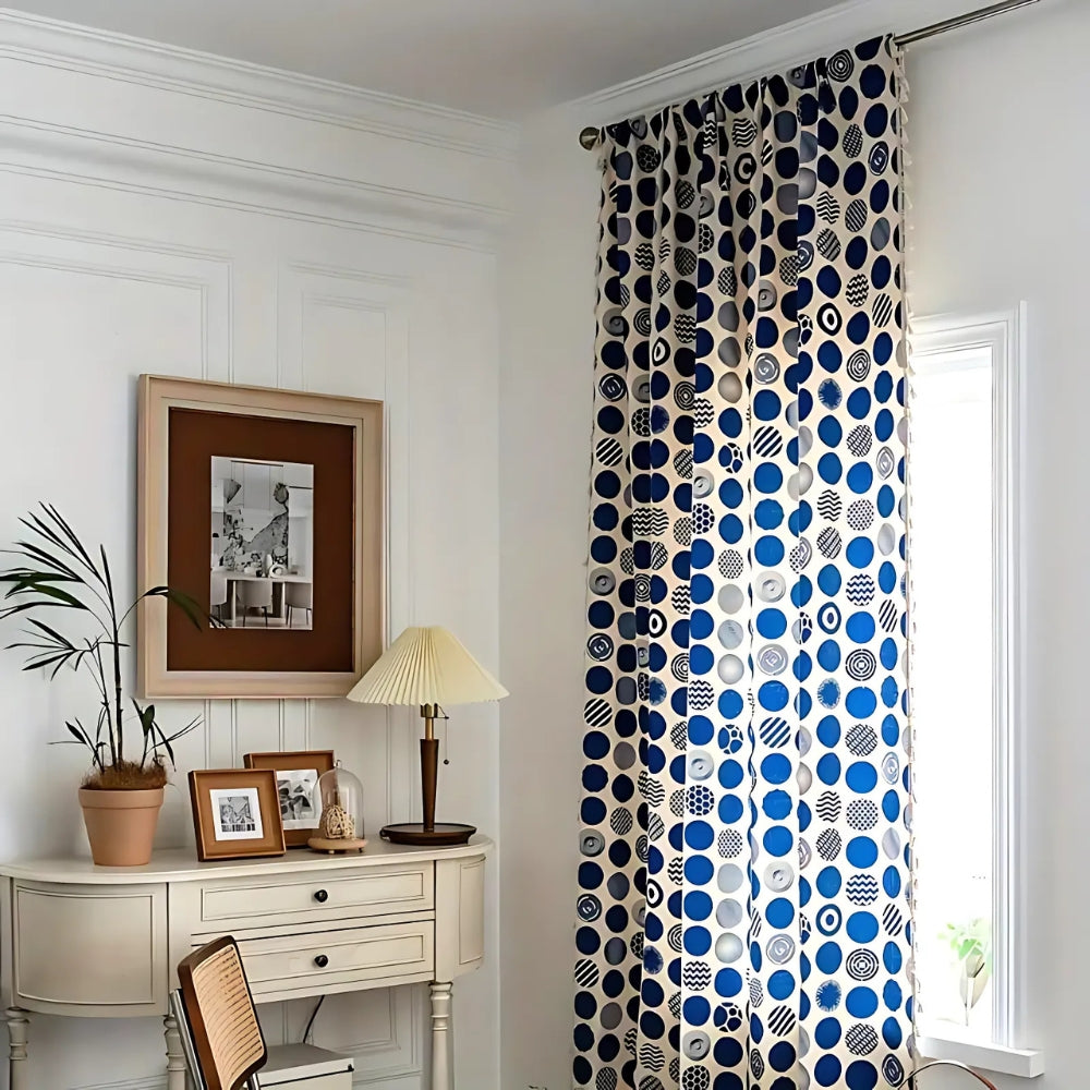 Lisslune | Retro Blue Polka Dots Patterned Window Curtain