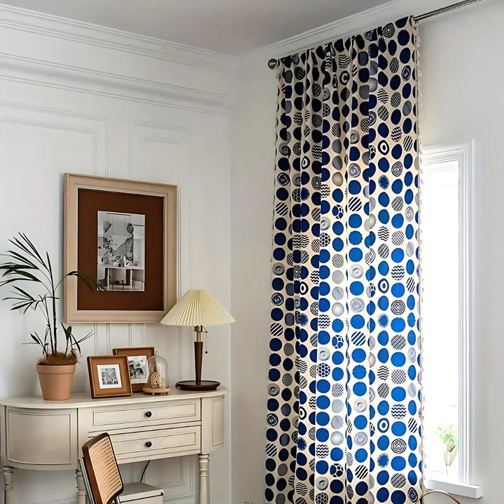 Lisslune | Retro Blue Polka Dots Patterned Window Curtain