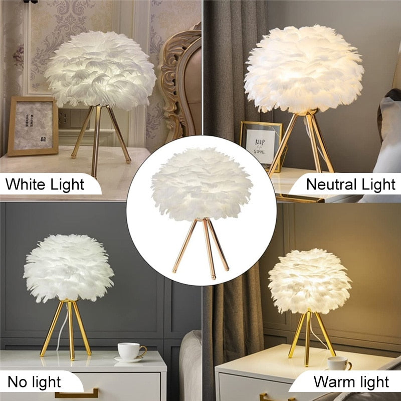 Lisslune | Romantic Feather Table Lamp Modern Nightstand Lamp Living Room Café Decoration Wedding Christmas Gift Ostrich Feather Light