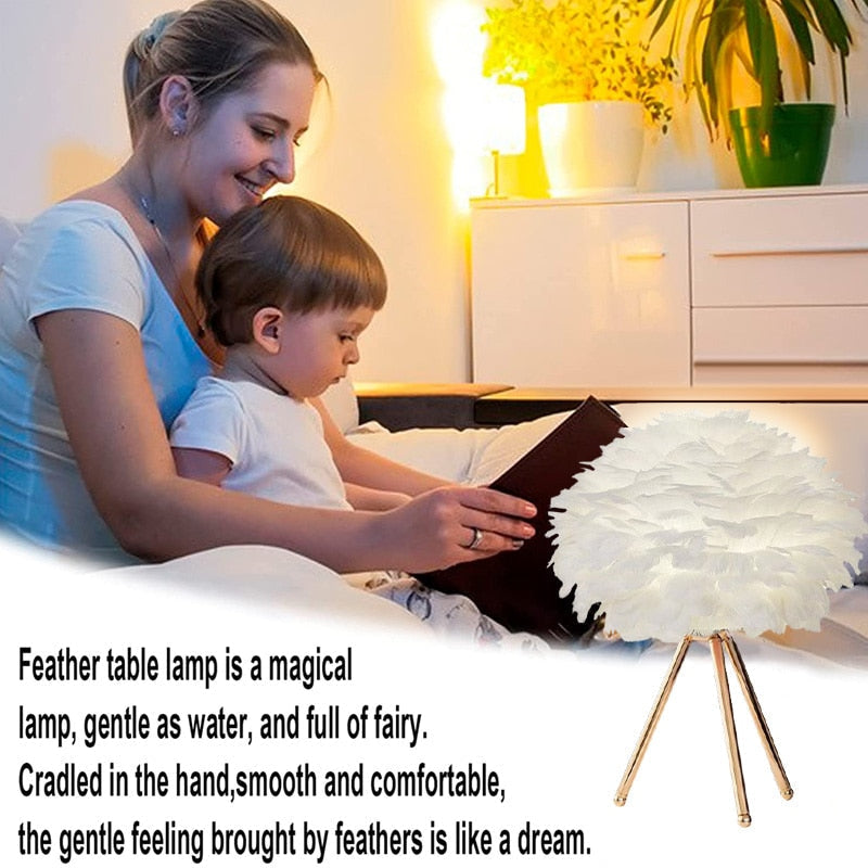 Lisslune | Romantic Feather Table Lamp Modern Nightstand Lamp Living Room Café Decoration Wedding Christmas Gift Ostrich Feather Light