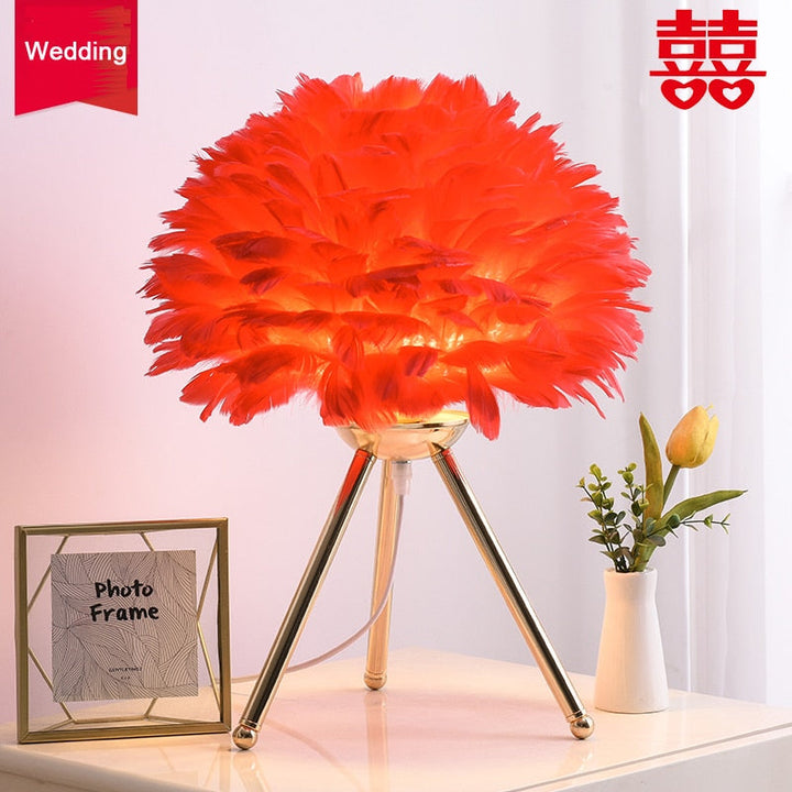 Lisslune | Romantic Feather Table Lamp Modern Nightstand Lamp Living Room Café Decoration Wedding Christmas Gift Ostrich Feather Light