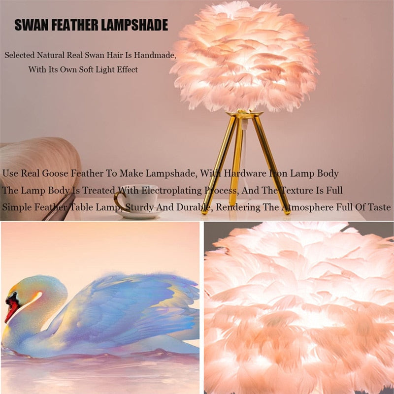 Lisslune | Romantic Feather Table Lamp Modern Nightstand Lamp Living Room Café Decoration Wedding Christmas Gift Ostrich Feather Light