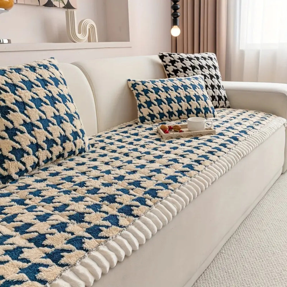 Lisslune | Colourful Plush Houndstooth Sofa Cover and Cushion Cover