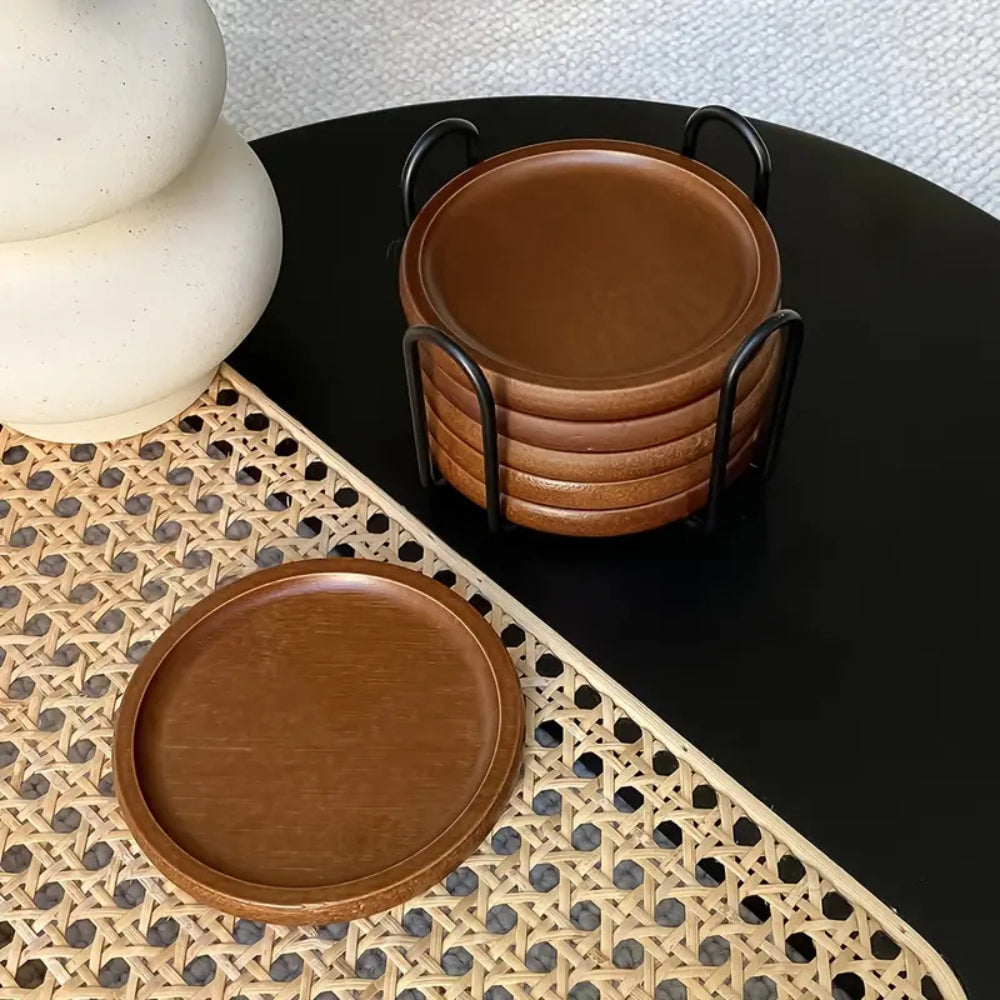 Lisslune | Rustic Wooden Coasters Metal Holder | 6pcs Set