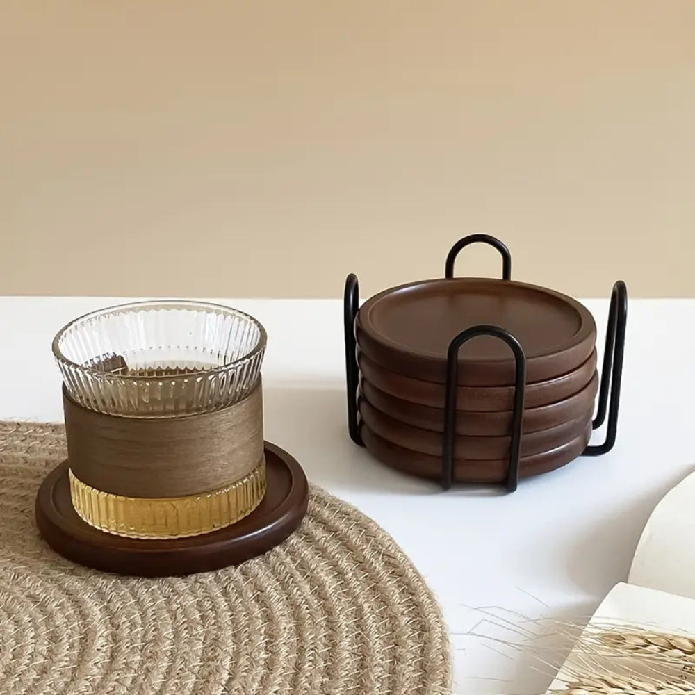 Lisslune | Rustic Wooden Coasters Metal Holder | 6pcs Set