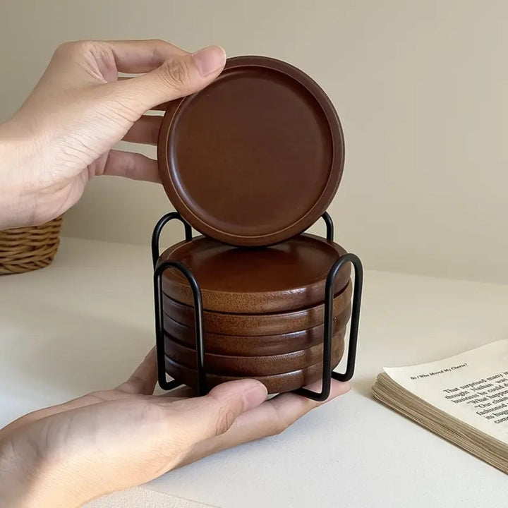 Lisslune | Rustic Wooden Coasters Metal Holder | 6pcs Set