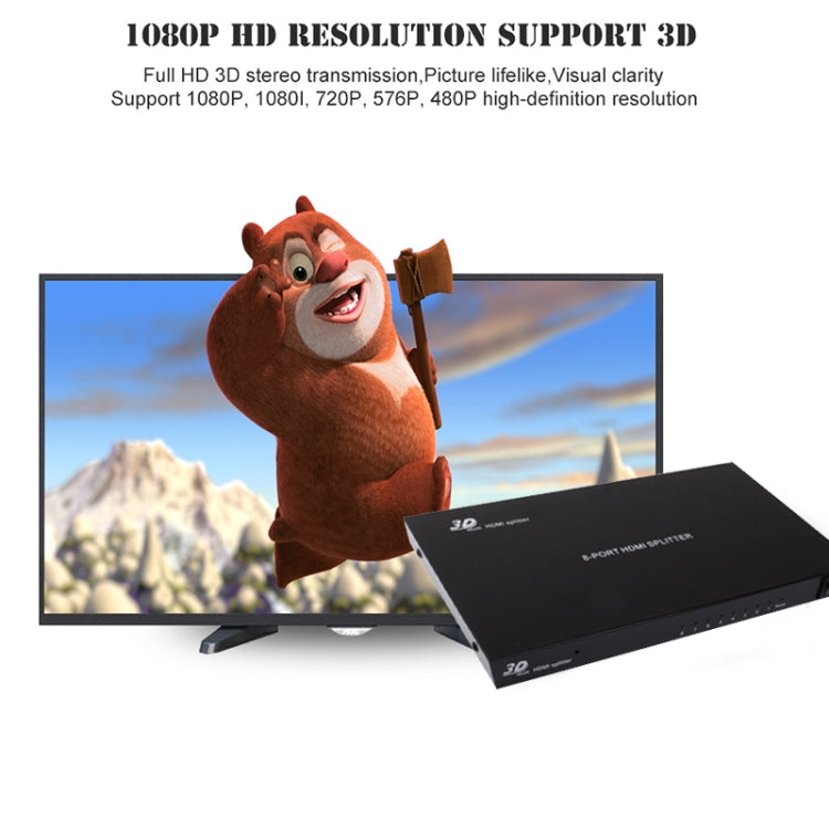 Lisslune | 1 x 8 Full HD 1080P HDMI Splitter with Switch, V1.4 Version, Support for 3D & 4K x 2K (Black)