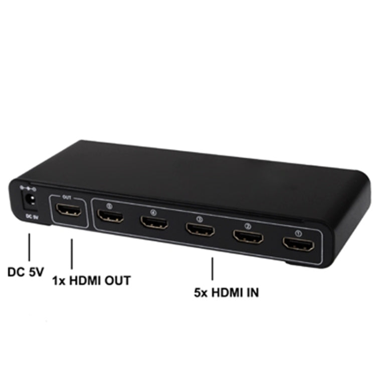 Lisslune | 5 Ports Full HD 1080P HDMI Switch with Switch & Remote Control, 1.3 Version (5 Ports HDMI Input, 1 Port HDMI Output)(Black)