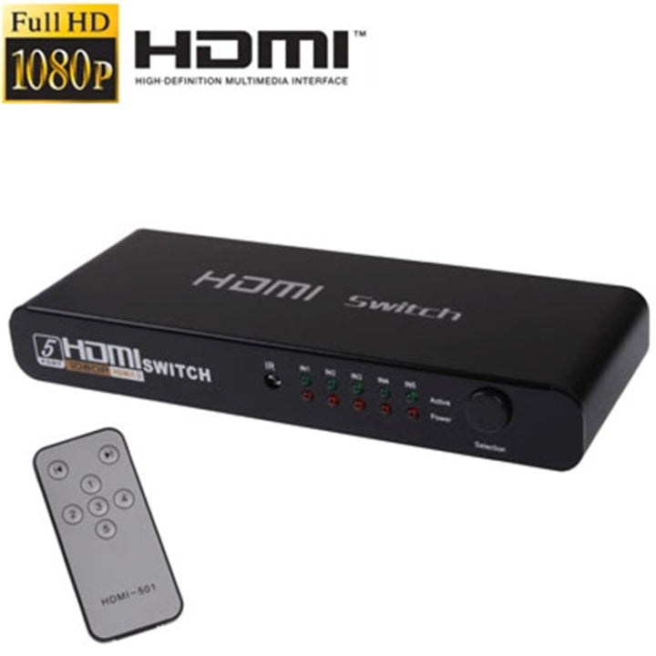Lisslune | 5 Ports Full HD 1080P HDMI Switch with Switch & Remote Control, 1.3 Version (5 Ports HDMI Input, 1 Port HDMI Output)(Black)