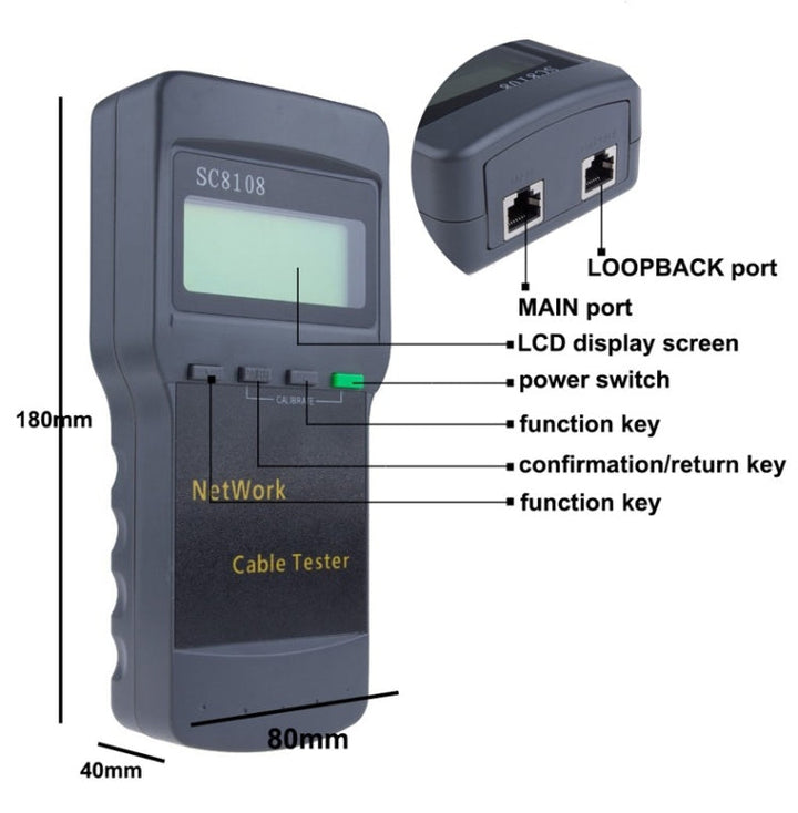 Lisslune | Portable WLAN Network Cable Tester SC8108 LCD Digital PC Data Network CAT5 RJ45 LAN Telephone Cable Tester Meter (Gray)